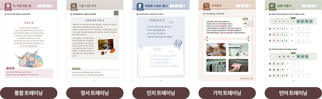 통합 트레이닝, 정서 트레이닝, 인지 트레이닝, 기억 트레이닝, 언어 트레이닝