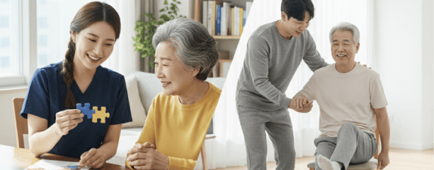 교구를 활용하여 케어받는 장면/부축하며 스트레칭 하는 장면